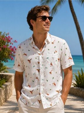 Banana Republic White Short-Sleeve Shirt with Orange & Green Tropical Print